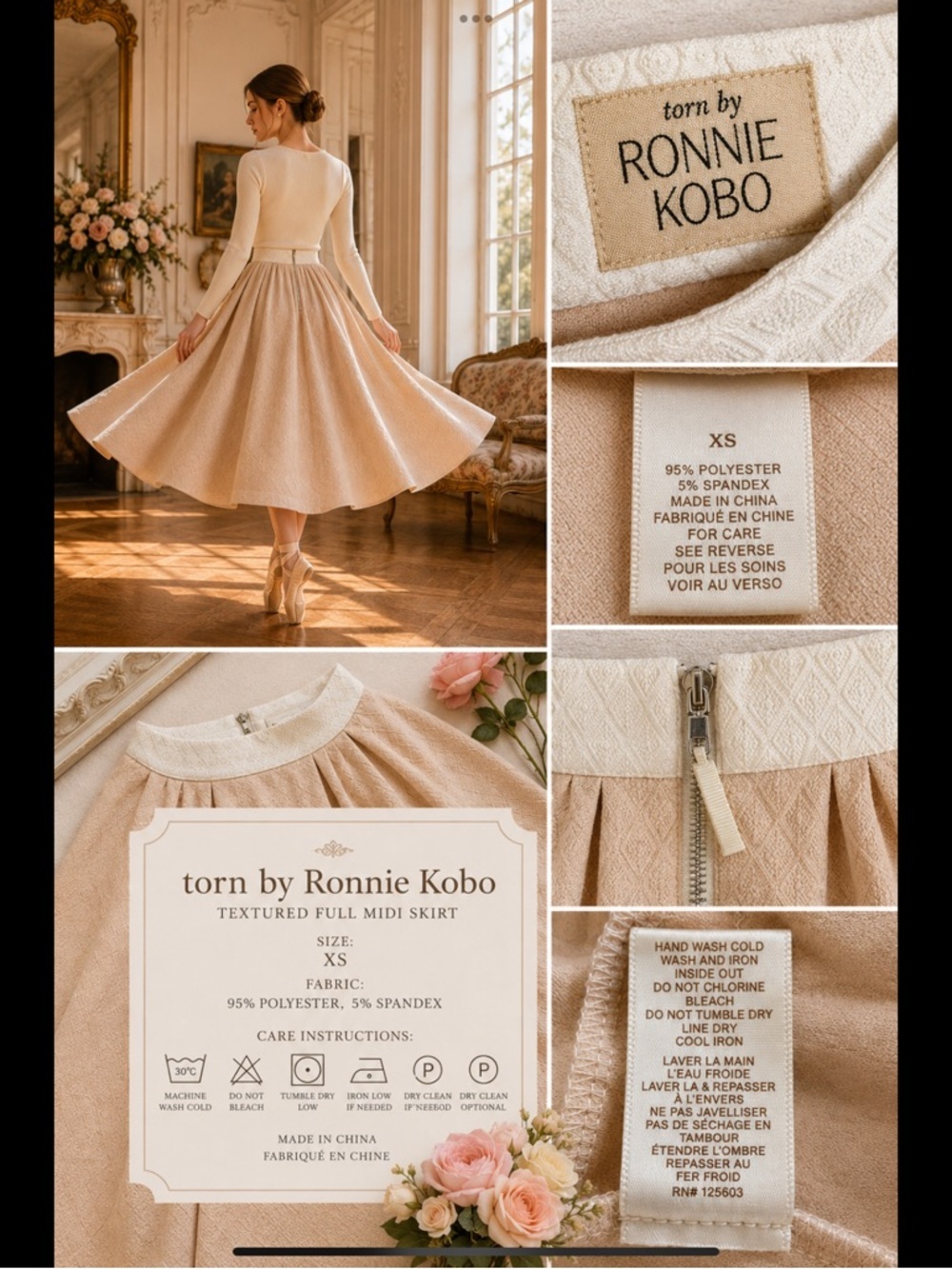 Soft Balletcore Textured Circle Skirt | Blush & Ivory Full Midi Skirt Pockets XS - Picture 7 of 16